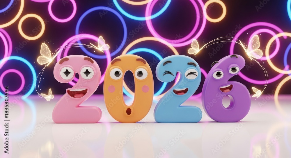 Obraz premium Cute cartoon numbers 2026 with butterflies and neon lights