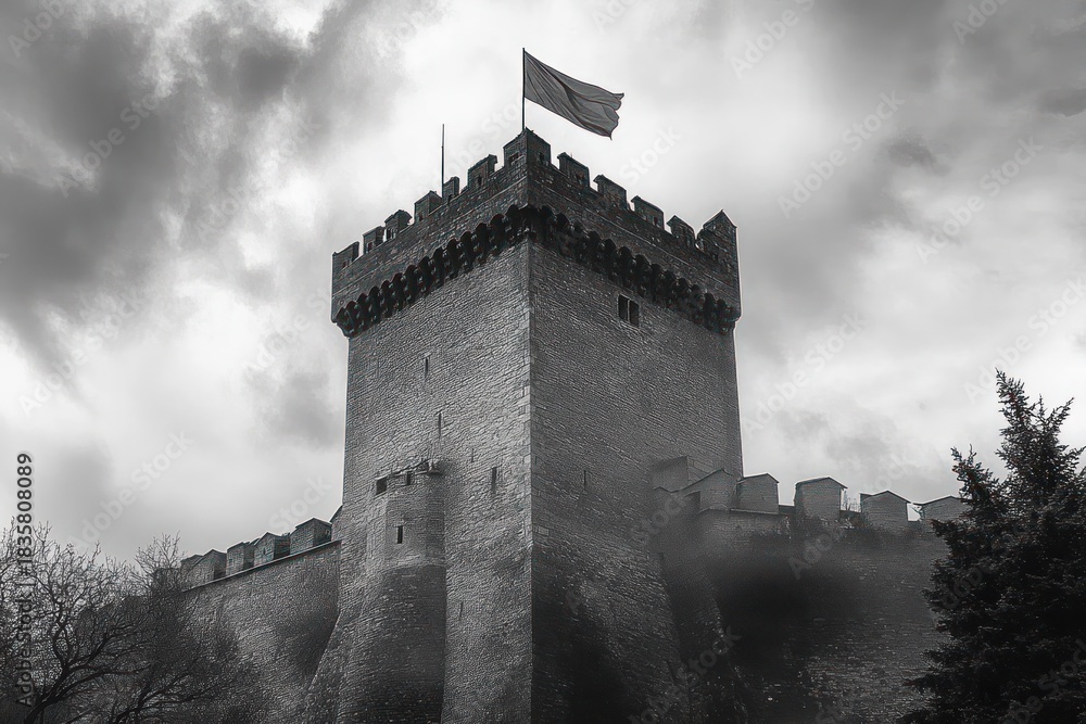 Fototapeta premium Tall medieval stone fortress tower with battlements and a flag flying atop under a cloudy sky, surrounded by bare trees and stone walls