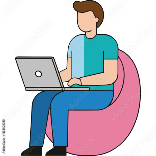 Person Sitting On A Pink Bean Bag Chair Working On A Silver Laptop Computer Wearing A Teal And Blue T-shirt And Blue Jeans With A Shadow On The Right Side