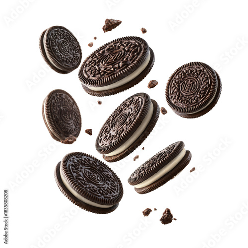 3d realistic vector icon. Falling oreo chocolate cookies. Isolated on white background.