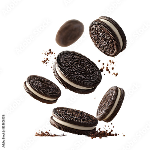 3d realistic vector icon. Falling oreo chocolate cookies. Isolated on white background.