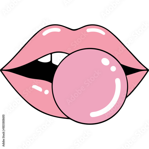 Pink Glossy Lips Blowing a Pink Bubblegum Ball Close Up Against Black Background with Highlighting and Subtle Teeth Detail in a Playful and Fun Manner