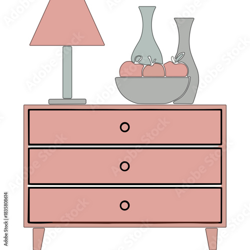 Pink Dresser With Table Lamp Fruit Bowl And Vases In Soft Pastel Colors