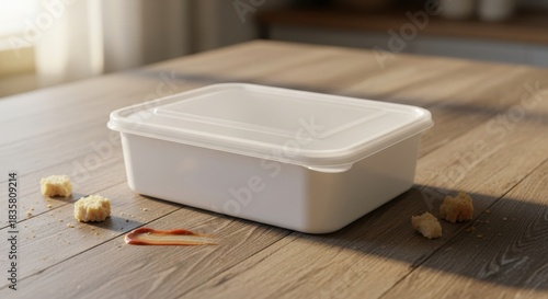 Wallpaper Mural A white plastic container with a lid sits on a wooden table surrounded by sugar cubes. Torontodigital.ca