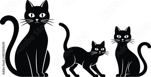 Black cat family vector illustration featuring mother cat and two small kittens sitting and playing isolated on white background