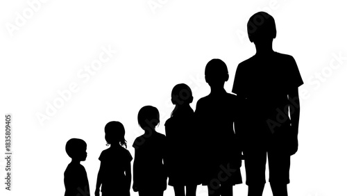 Silhouette of children of different ages standing in a row.