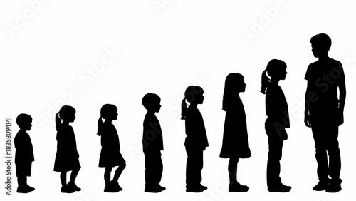 Silhouette of children of different ages standing in a row, showing growth.