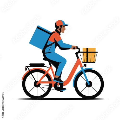 Man riding bicycle with blue delivery bag and yellow package bike.