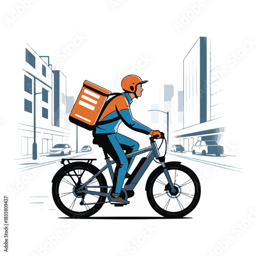 Man riding electric bicycle with orange delivery bag in city bike.