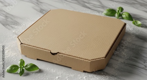 Wallpaper Mural A closed brown cardboard pizza box sits on a marble surface surrounded by green leaves and flour. Torontodigital.ca
