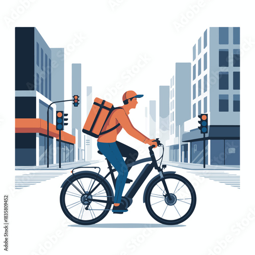Delivery person on electric bicycle with orange bag in city street bike courier.