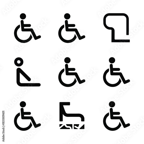 Set of six black accessibility and activity icons on white background symbol disabled.