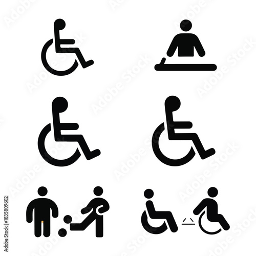 Collection of black accessibility and wheelchair symbols on white disabled icon.