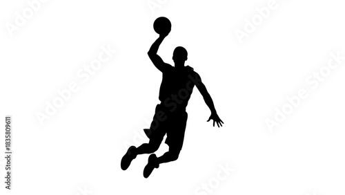 Silhouette of a basketball player in mid-air, reaching for the ball with one hand, isolated on a white background.
