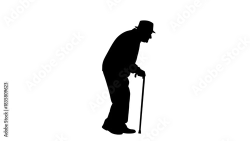 Silhouette of an elderly man with a cane, walking with a stooped posture.