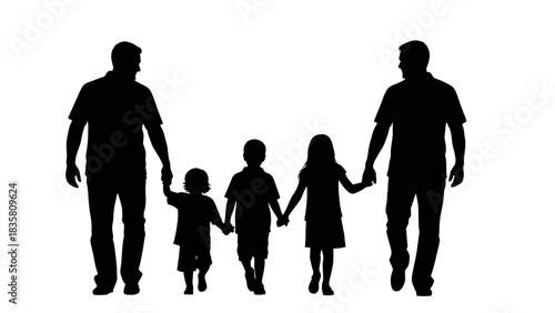 Silhouette of two men holding hands with three children walking together.