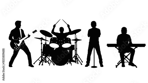 Silhouette of a band playing instruments on a white background.