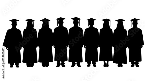 Silhouette of graduates wearing caps and gowns in a row.