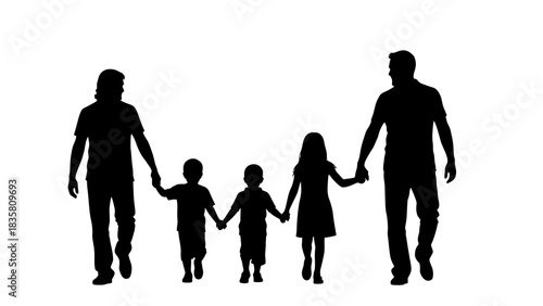 Silhouette of a family of five walking hand in hand.