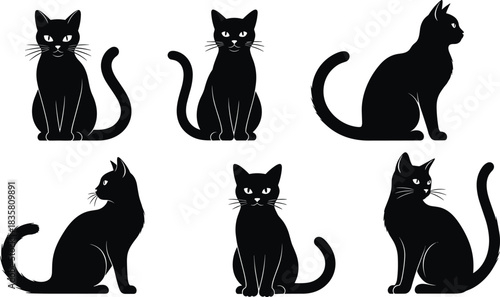 Collection of black cat silhouette vector icons, sitting and looking kitten poses, dark feline shapes for halloween decoration graphic design