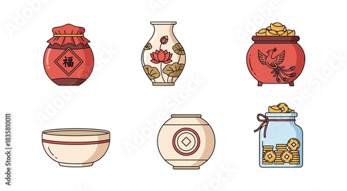 A collection of six traditional Chinese pottery jars and vases.