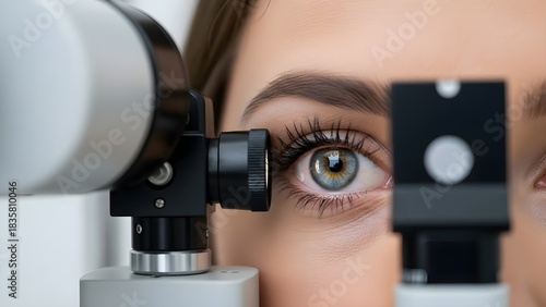 Closeup of a patients eye undergoing an examination with specialized ophthalmic equipment.