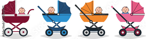 Cartoon baby strollers with smiling infants in colorful designs — playful vector illustration for parenting, baby care, and product themes