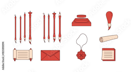 Collection of traditional Chinese calligraphy tools and stationery items.