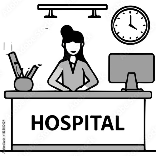 Receptionist Working At A Hospital Desk With A Computer And Clock On The Wall In A Simple Black And White Illustration