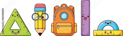Cartoon school supplies with smiling faces — playful educational illustrations of rulers, pencil, backpack, and protractor for kids’ content