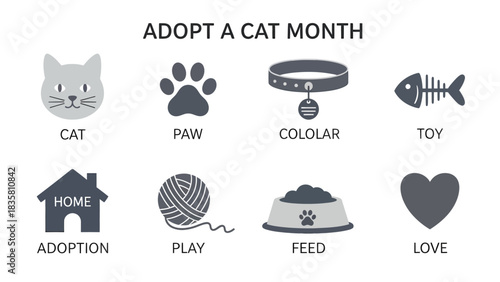 Adopt a Cat Month infographic featuring eight icons related to cat care and adoption