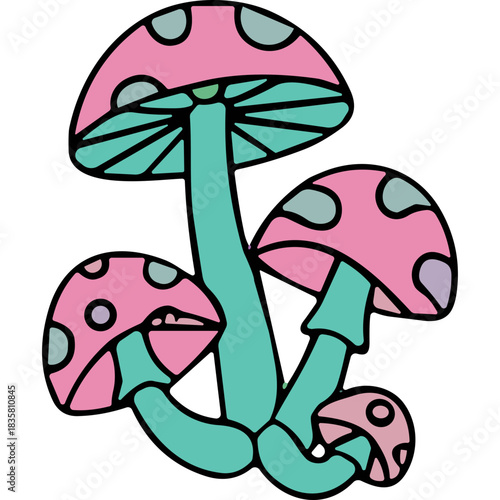 Psychedelic Mushroom Cluster With Pink Caps Teal Stems And Pastel Spots On Black Background Abstract Illustration