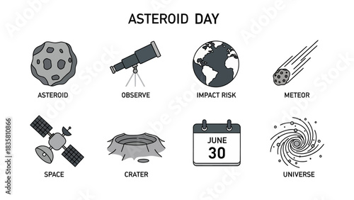 Asteroid Day icon set with eight labeled astronomical and spacerelated graphics
