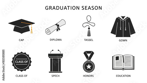 Eight black and white icons related to graduation season