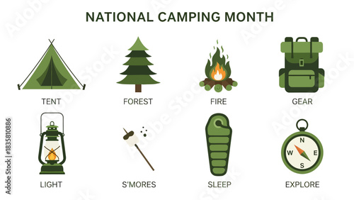 Camping icons arranged in two rows under the title NATIONAL CAMPING MONTH