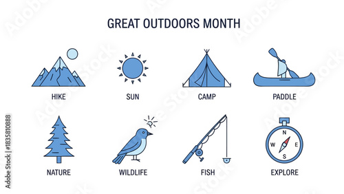 Eight blue and white lineart icons representing outdoor activities under GREAT OUTDOORS MONTH