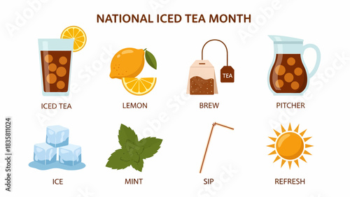 Graphic elements illustrating components and actions related to National Iced Tea Month
