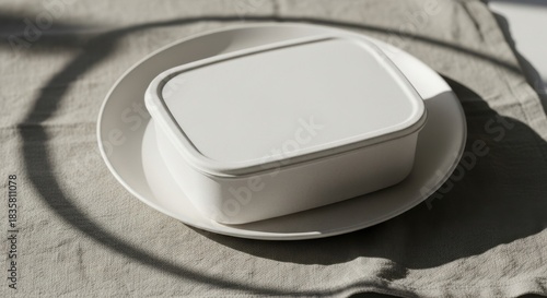 Wallpaper Mural A white takeout container sits on a plate atop a tablecloth in bright sunlight. Torontodigital.ca