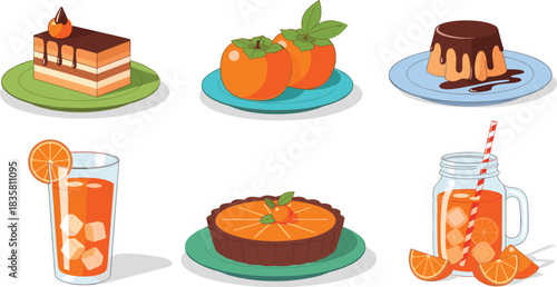 Cartoon-style orange desserts and drinks — vibrant illustrations of citrus treats, fruit beverages, and sweet snacks for food-themed designs