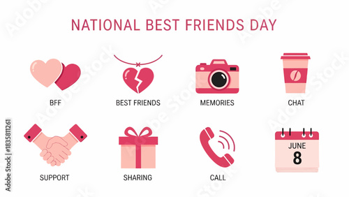 National Best Friends Day graphic with icons for friendship concepts