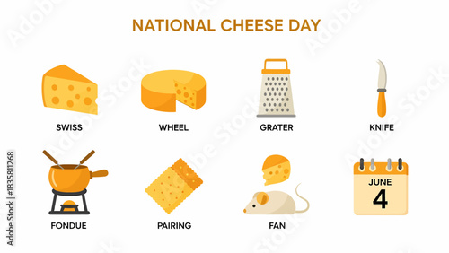 National Cheese Day graphic showing cheese types tools pairing mouse and date
