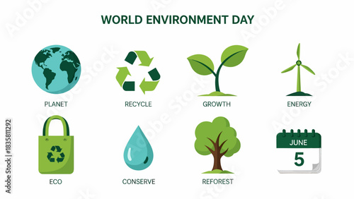 World Environment Day icons Planet recycling growth energy eco bag water drop tree and calendar date