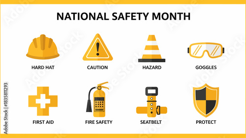 National Safety Month graphic with eight yellow and black safety icons