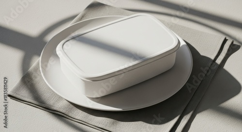 Wallpaper Mural A white square container sits on a round plate with chopsticks on a napkin on a table. Torontodigital.ca