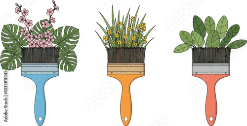 Creative paintbrushes transforming into flowers and leaves — artistic nature-themed illustration for design, decor, and conceptual artwork