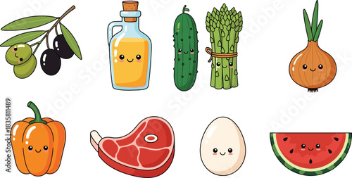 Cute cartoon food characters with smiling faces — playful vegetable, meat, and fruit illustrations for kids, education, and design themes