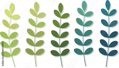 Gradient plant stem illustration with paired oval leaves — artistic botanical design in green to blue tones for nature-themed visuals