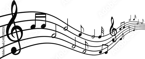 Black and white musical notes vector on wavy staff with treble clef isolated on white background for melody designs