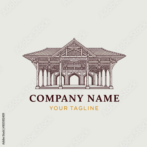 Vintage Architectural Pavilion Structure with Intricate Woodwork and Columns.