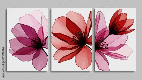 Abstract Red Poppy Triptych: Modern Minimalist Floral Watercolor Wall Art